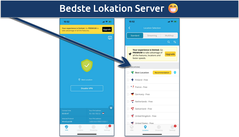 Screenshot of the free servers list in the hide.me iOS app